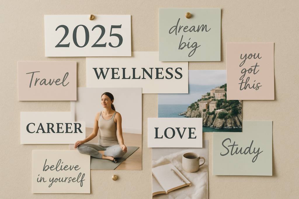 A creative vision board displays goals for health, career, and relationships