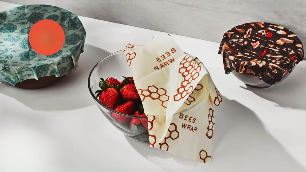Beeswax wraps covering a bowl of leftovers