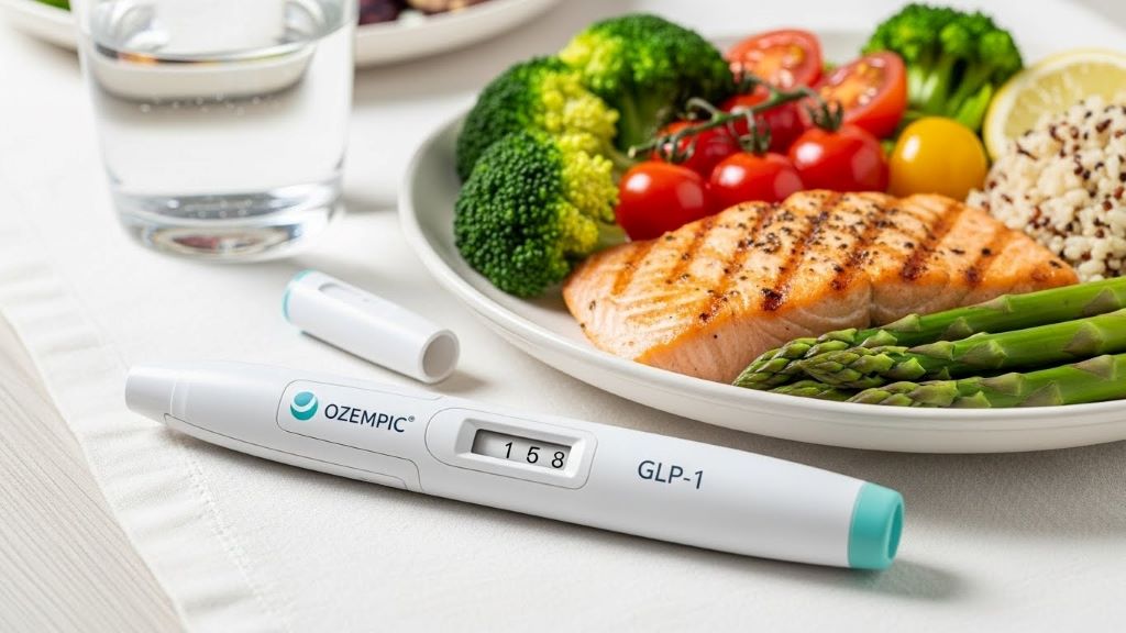GLP-1 injection pen for weight loss medication next to healthy meal with vegetables and lean protein
