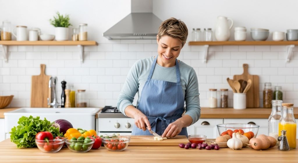 Adult preparing healthy low phenylalanine meal with fruits and special PKU friendly foods