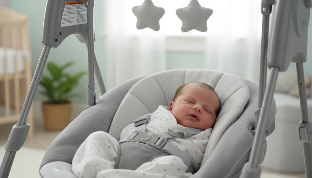 Newborn calmly swinging with toys overhead in a lightweight portable baby swing