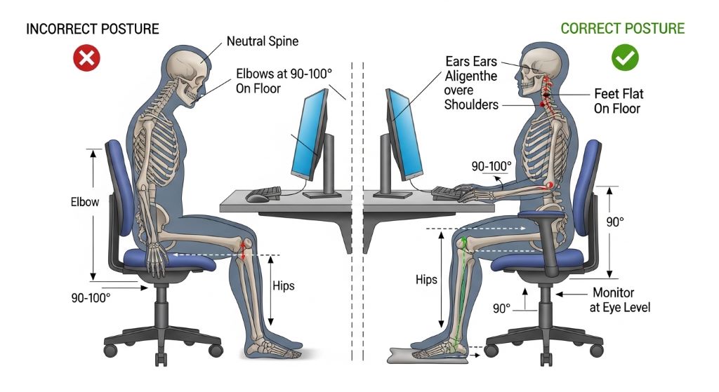 Diagram showing proper spine alignment and sitting posture at an office workstation