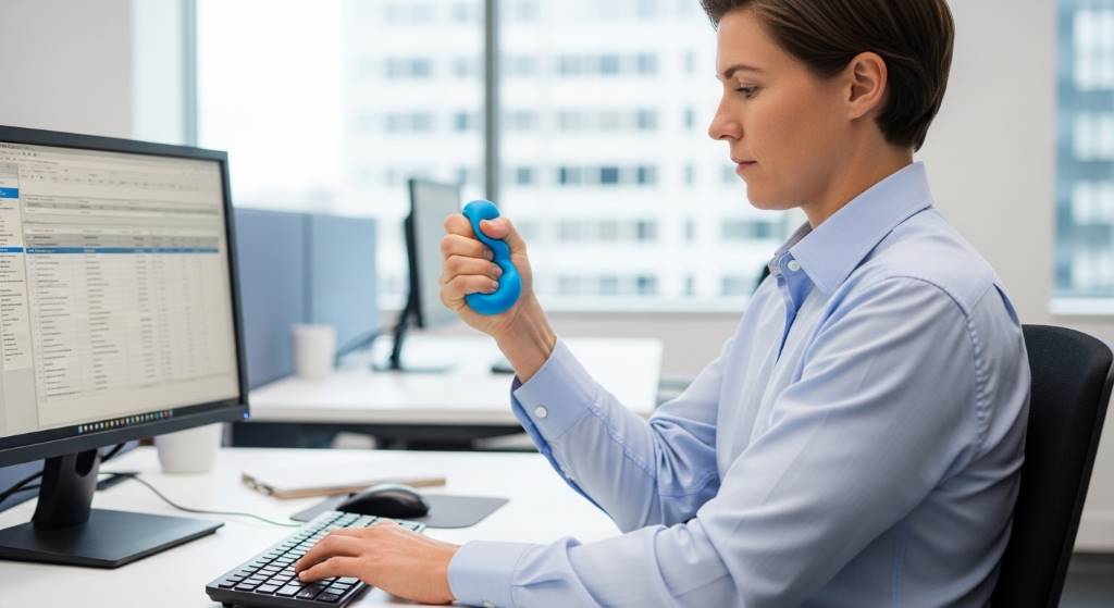 Office worker using stress ball to strengthen hand muscles