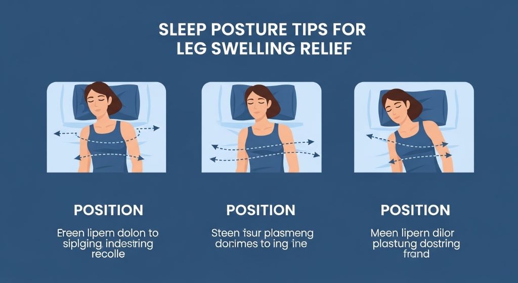 Infographic showing correct sleep posture tips for leg swelling relief, including pillow placement and body alignment for better rest