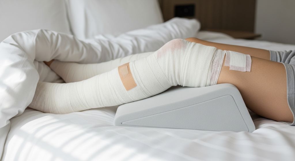 A travel-sized foam wedge pillow placed under a bandaged knee on a hotel bed, showing proper leg elevation positioning for post-surgical recovery