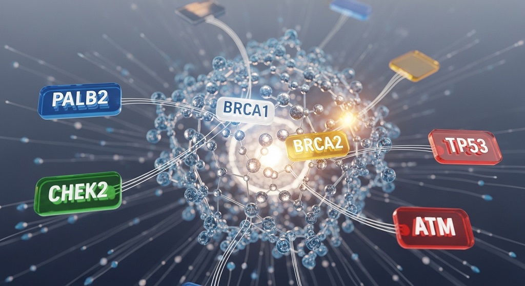 Medical illustration showing high and moderate penetrance breast cancer genes including PALB2, CHEK2, and ATM mutations.