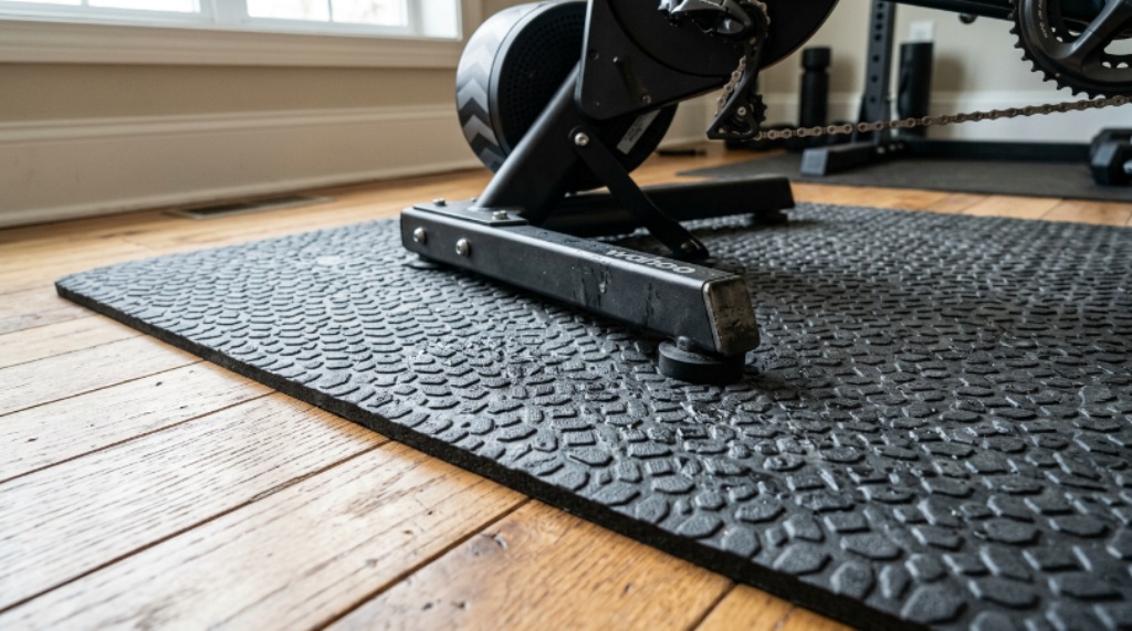 Close-up of a textured non-slip sweat protection mat surface beneath a direct-drive bike trainer on hardwood floor