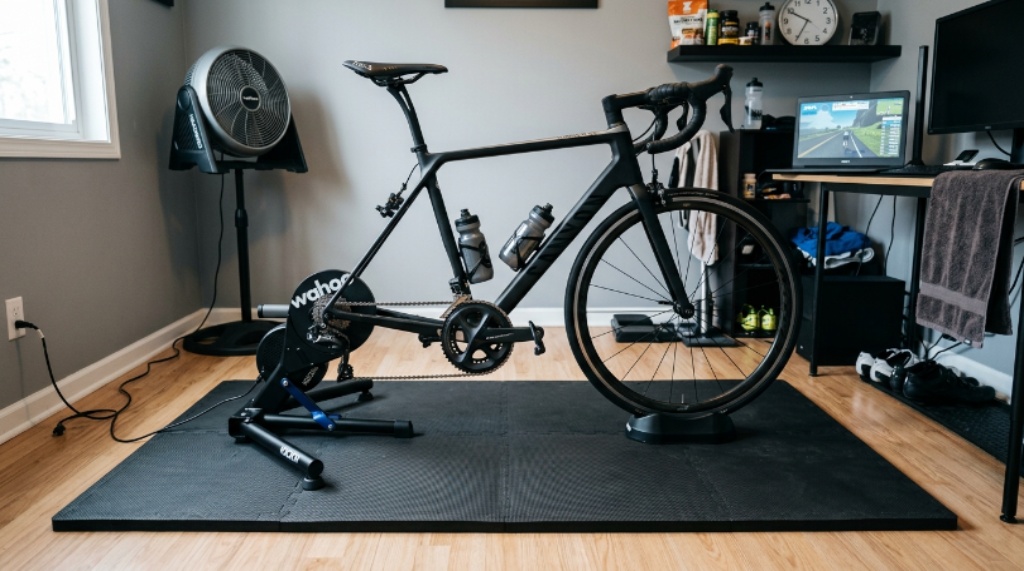 Black high-density foam bike trainer mat placed under a stationary cycling setup in a home training room