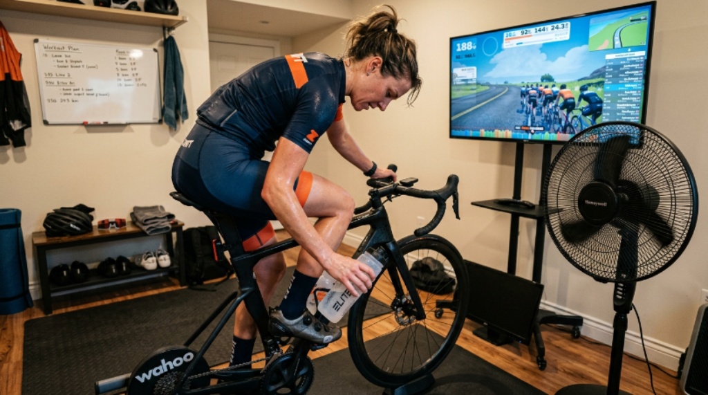 Person on an indoor bike reaching for a cold water bottle during a sweaty home cycling session with a fan running nearby