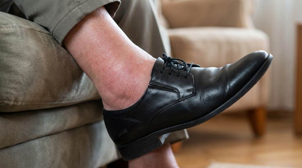 Person trying supportive footwear for swollen feet indoors