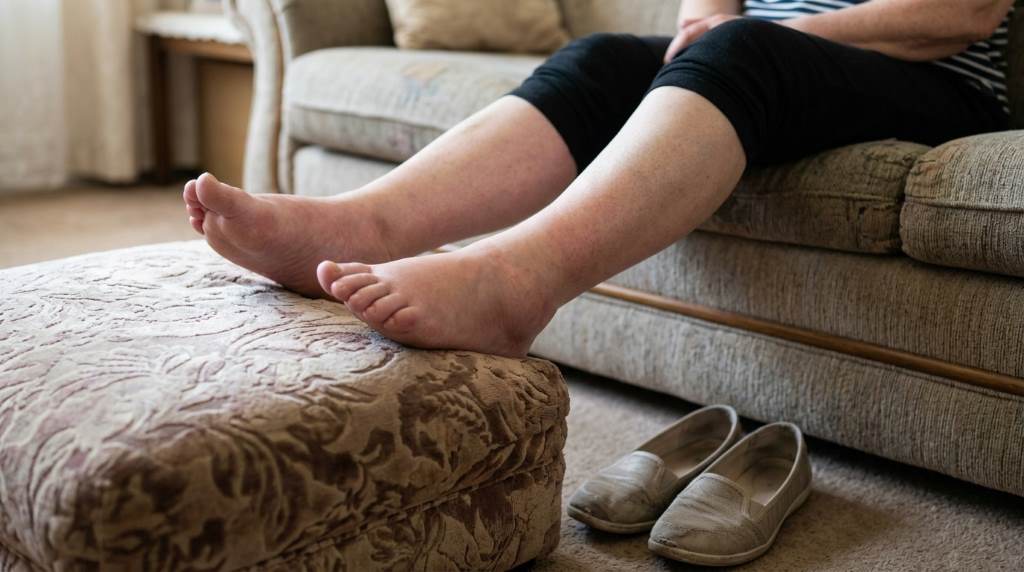 Supportive walking shoes for swollen feet on a sunny sidewalk