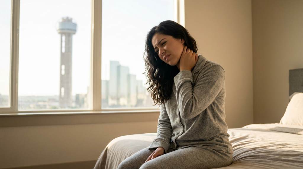 Person performing morning neck stretches at home