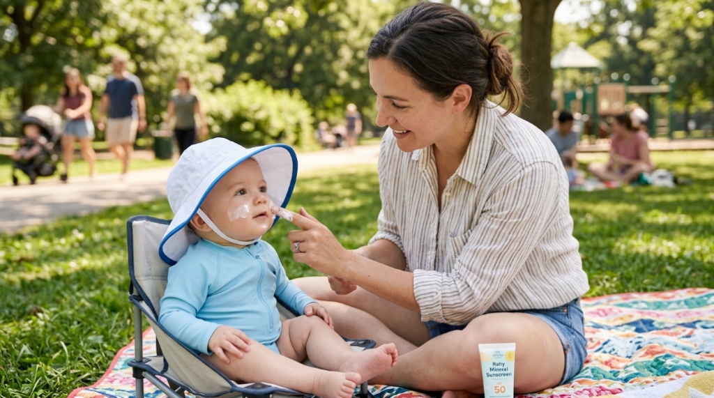 Toddler wearing a sun hat resting under a beach umbrella.