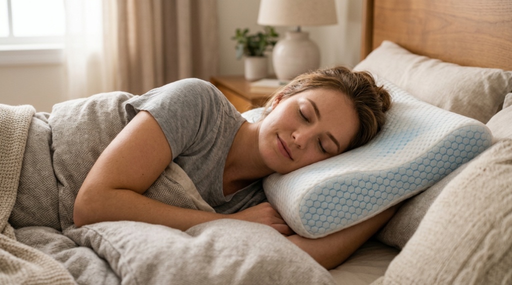 Modern bed styled with breathable sheets and cooling pillows