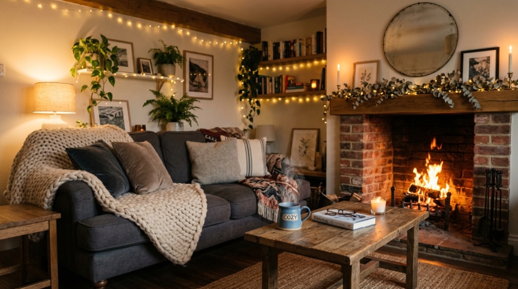 Plush sofa with a chunky knit blanket and warm lighting in a cozy living room.