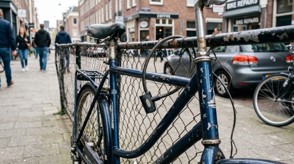 Cheap cable lock securing a bicycle to a flimsy fence
