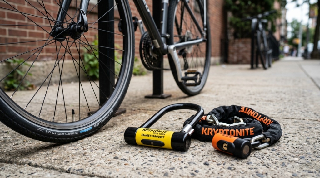Heavy duty U-lock and thick chain lock on sidewalk