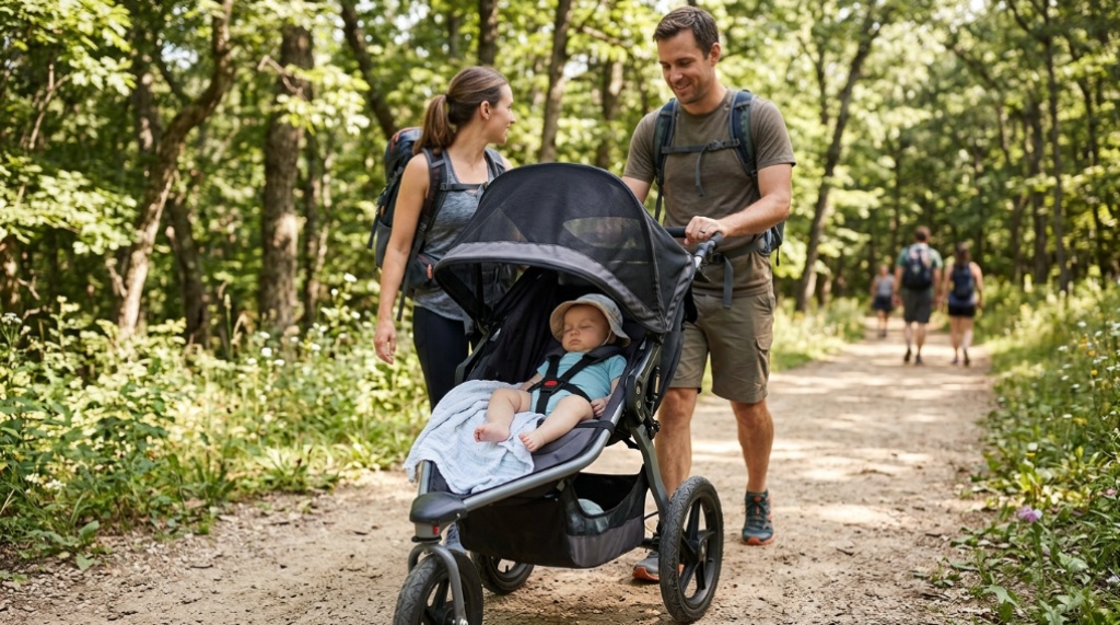 Mother applying mineral sunscreen to baby outdoors in park.